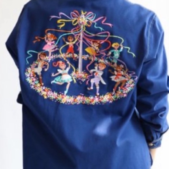 Bob Mackie Wearable Art Embroidered Maypole Dance Denim Button Down Shirt 3X - Picture 1 of 14